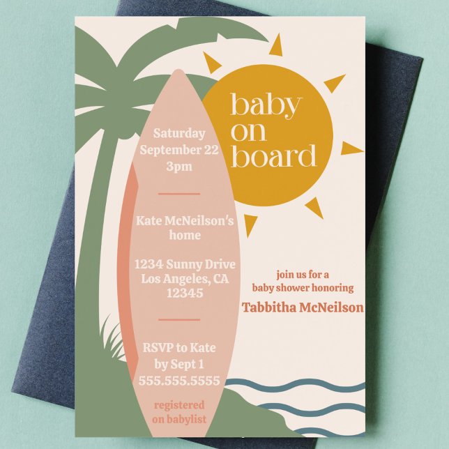 Invitation "Baby on board" Beach Surfing Ocean Baby shower ("baby on board" cute surfing ocean theme baby girl shower nautical sea surfboard tropical invitation)
