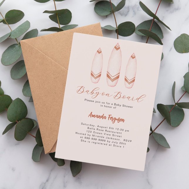 Invitation Baby on Board surf Baby shower beige brun (Créateur téléchargé)