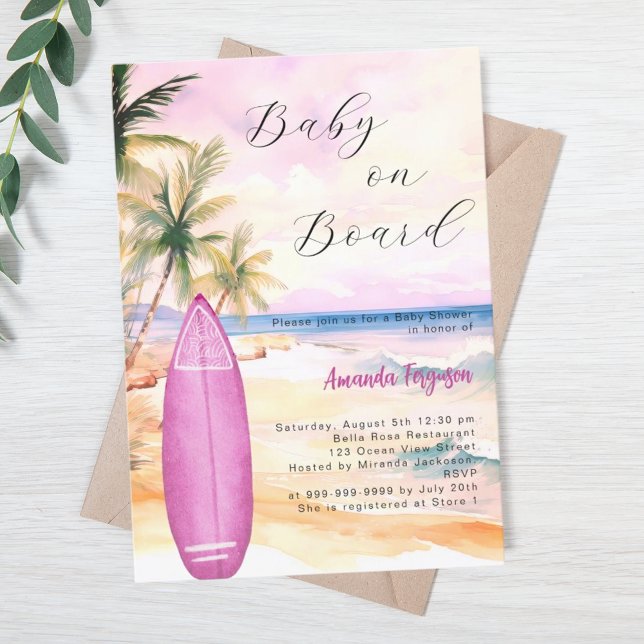 Invitation Baby on Board surf Baby shower fille rose (Créateur téléchargé)