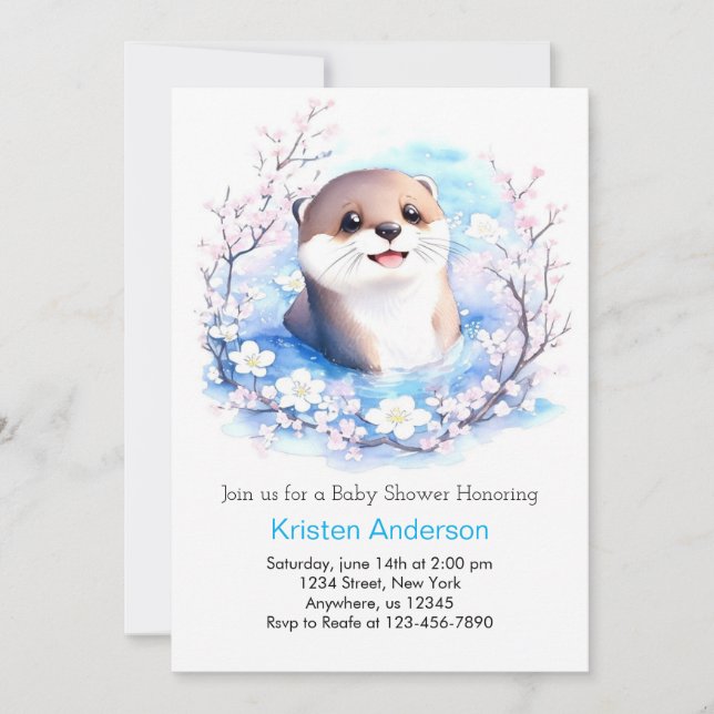 Invitation Baby Otter Blue Fleurs sauvages Baby shower garçon (Devant)