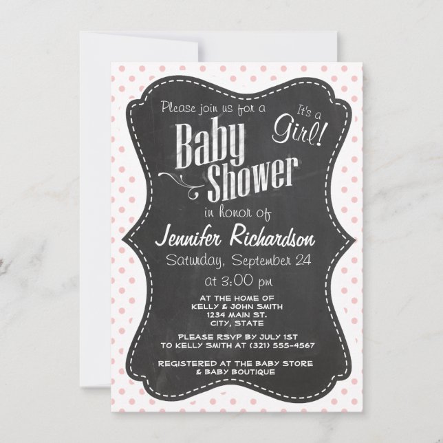 Invitation Baby Pois roses ; tableau de bord (Devant)