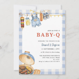 Invitation Baby Q BBQ Shower Bébé Gingham Bleu Bohème