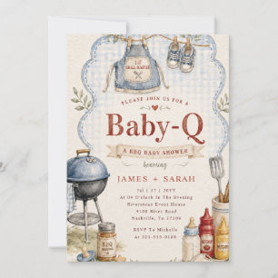 Invitation Baby Q BBQ Shower Rustique Bleu à Carreaux