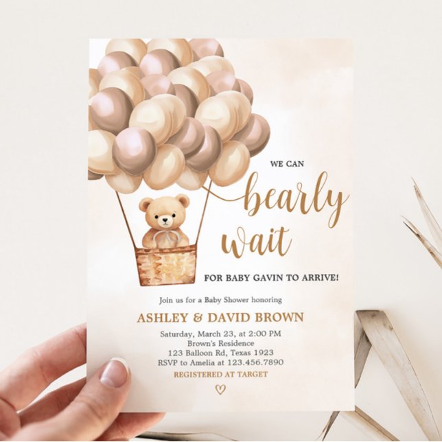 Invitation Baby shower à air chaud de l'ours Brown (Boho Brown Bear Baby Shower Invitation)