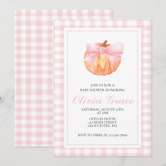 Invitation baby shower à arc rose citrouille (Devant / Derrière)