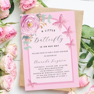 Invitation Baby shower à arc rose rose papillon