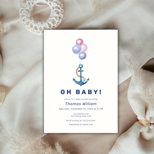Invitation Baby shower à ballets d'Ancre nautique moderne (Modern Nautical Anchor Balloon Baby Shower Invitation)
