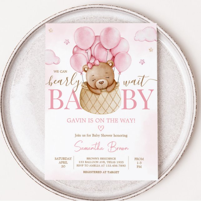 Invitation Baby shower à ballon à air chaud (Pink Boho Baby Bear Baby Shower Invitation)