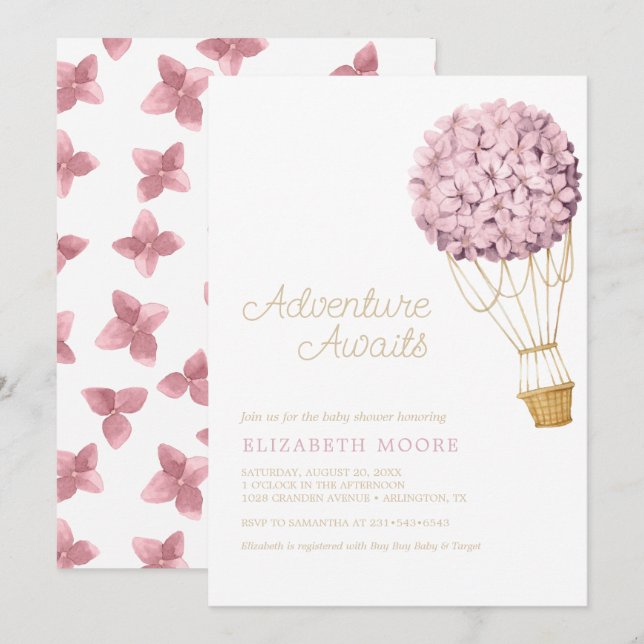 Invitation Baby shower à ballon à air chaud Floral Hydrangea  (Devant / Derrière)