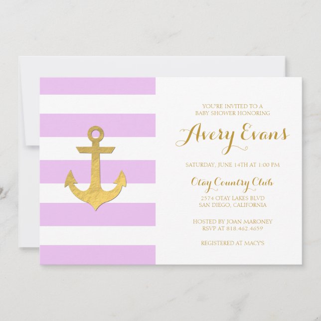 Invitation Baby shower à bande rose marine avec Ancre or (Devant)