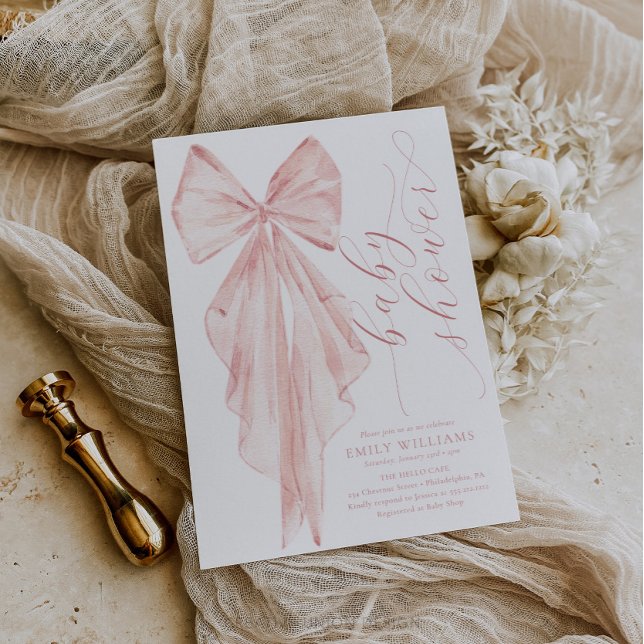 Invitation Baby shower à boue rose - Ruban d'aquarelle minima (Girl Baby Shower, Minimalist Baby Shower, Bow Baby Shower, Pink Bow)