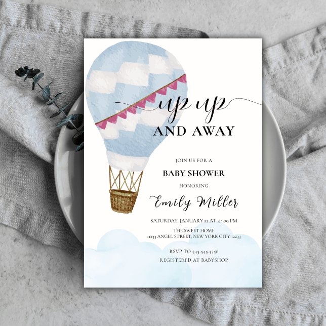 Invitation Baby shower à bulle à air chaud Boho Blue Watercol (Blue Watercolor Boho Hot Air Balloon Baby Shower Invitation)