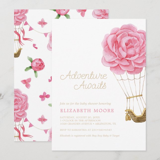 Invitation Baby shower à bulle à air chaud floral Peony | (Devant / Derrière)