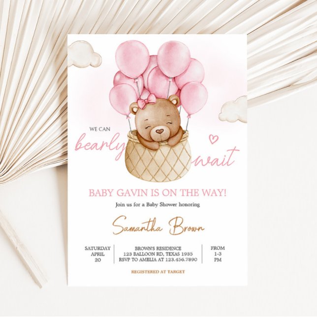 Invitation Baby shower à bulle à air chaud pour bébé rose (Baby Bear Pink Baby Shower Invitation)