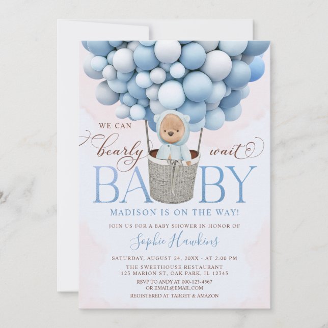 Invitation Baby shower à bulle à air chaud Teddy Bear Blue (Devant)