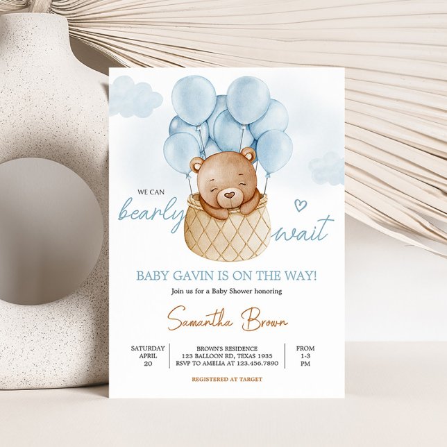 Invitation Baby shower à bulle à air chaud Teddy Bear Blue (Boy We Can Bearly Wait Baby Shower Invitation)