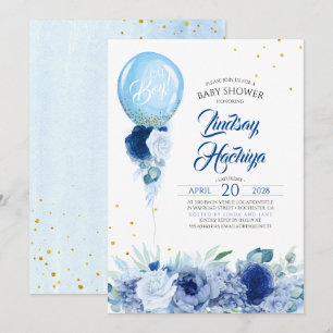 Invitation Baby shower à bulle Blue Floral Gold Parties scint