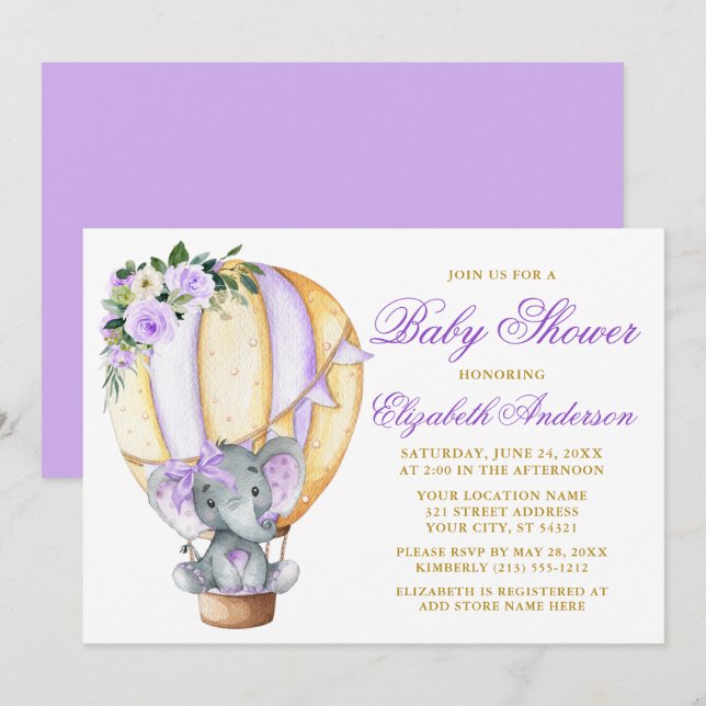 Invitation Baby shower à bulle floral violet Eléphant Bow (Devant / Derrière)