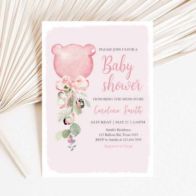 Invitation Baby shower à bulle rose à l'Eucalyptus (Pink Floral Eucalyptus Bear Balloon Baby Shower Invitation
)