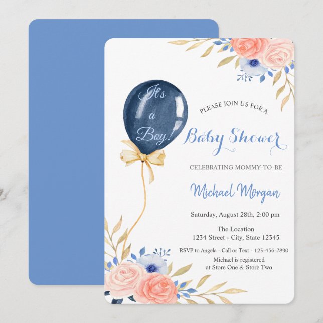 Invitation Baby shower à bulles bleu Fleurs (Devant / Derrière)