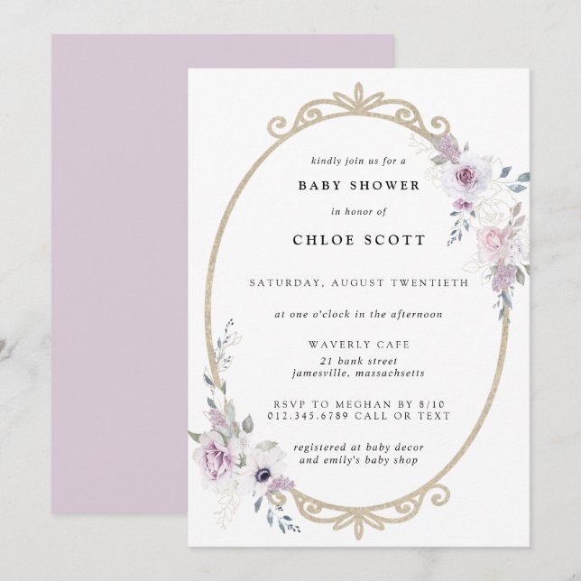 Invitation Baby shower à cadre d'or flou violet (Devant / Derrière)