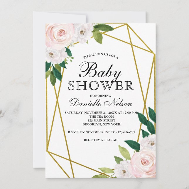 Invitation Baby shower à cadre d'or rose pâle (Devant)