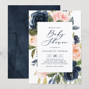 Invitation Baby shower à cadre floral couleur bleu marine
