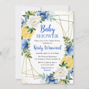 Invitation Baby shower à cadre or bleu et jaune