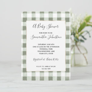 Invitation Baby-Shower à carreaux et rayures vert et blanc