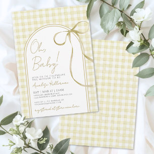 Invitation Baby Shower à carreaux jaune avec un nœud