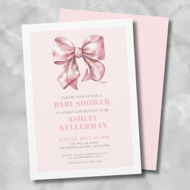 Invitation Baby shower à cou rose (Watercolor Pink Bow Baby Shower Invitation)