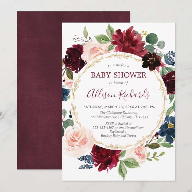 Invitation baby shower à couronne florale d'or bleu marine de (Devant / Derrière)