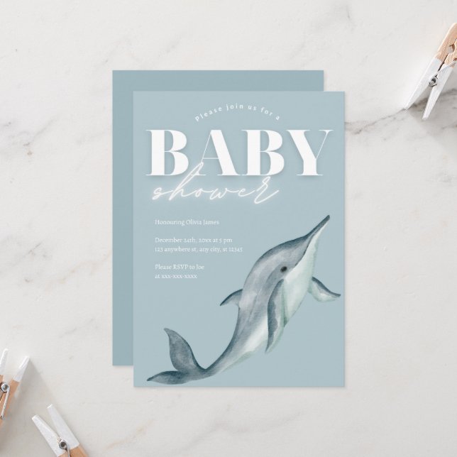 Invitation Baby shower à dauphins à thème océanique (Devant/Arrière en situation)
