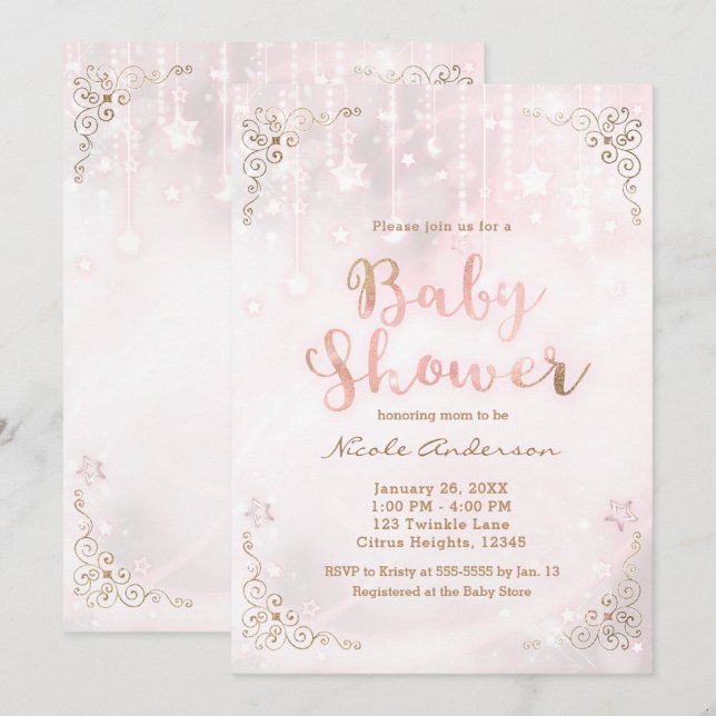 Invitation Baby shower à étincelle rose et or céleste (Devant / Derrière)