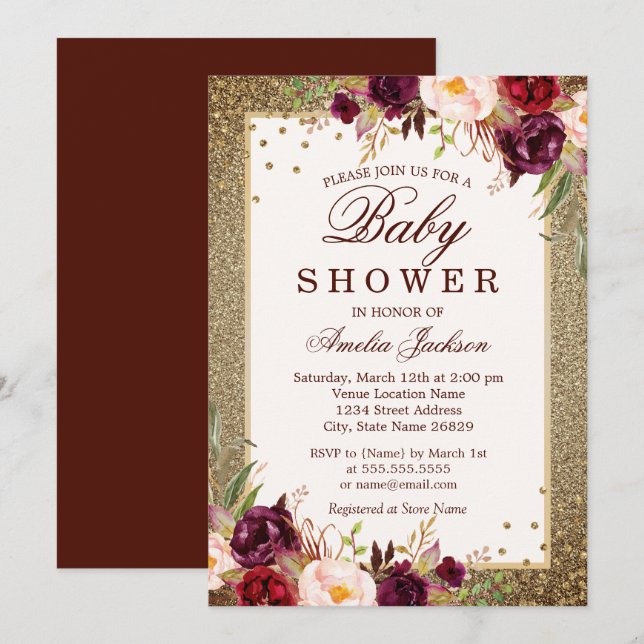 Invitation Baby shower à étincelles fleurie d'or de Bourgogne (Devant / Derrière)