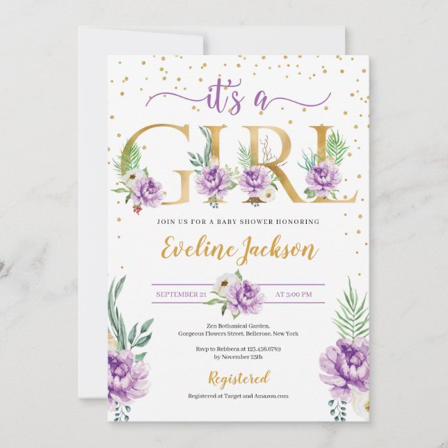 Invitation baby shower à feuilles florales et dorées (Devant)