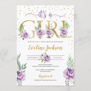 Invitation baby shower à feuilles florales et dorées