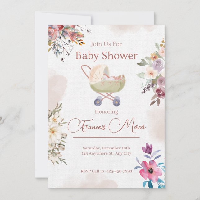 Invitation Baby shower à fleurs rose (Devant)