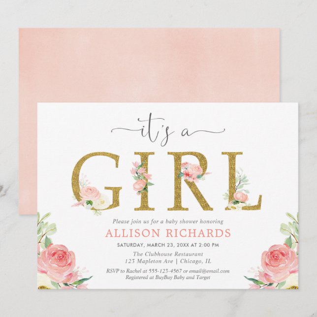 Invitation Baby shower à fleurs rose et or, C'est une fille (Devant / Derrière)