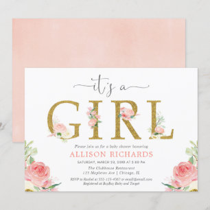 Invitation Baby shower à fleurs rose et or, C'est une fille