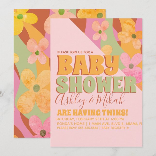 Invitation Baby shower à fleurs Super Hippie rétro (Devant / Derrière)