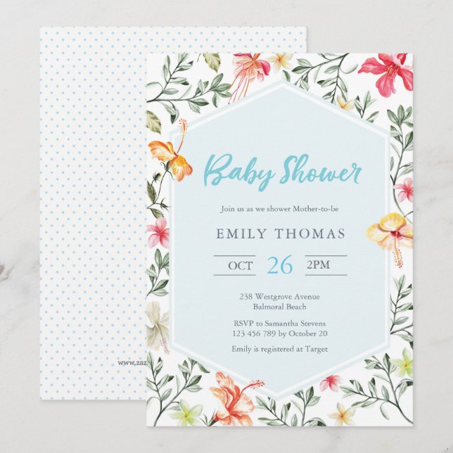 Invitation Baby shower à fleurs tropicales hawaïen (Devant / Derrière)