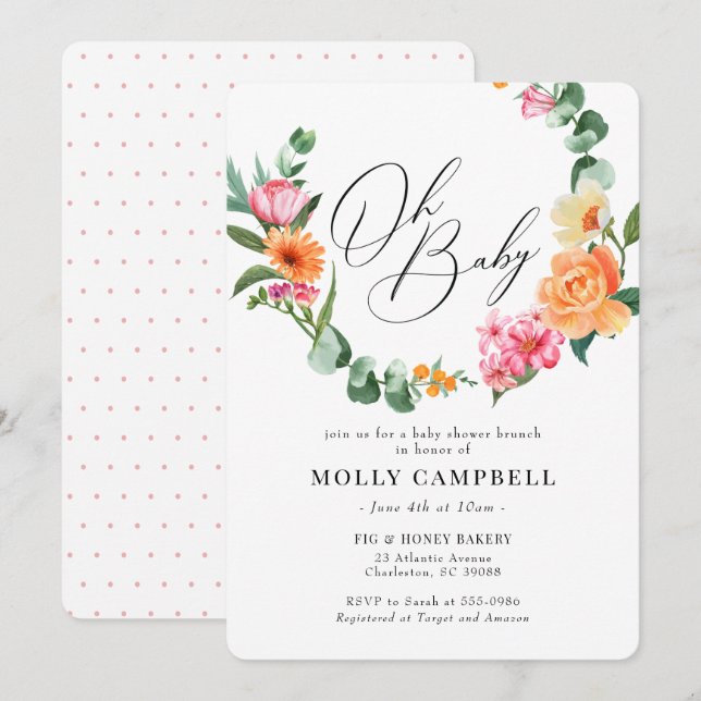 Invitation Baby shower à fleurs tropicales rose orange (Devant / Derrière)