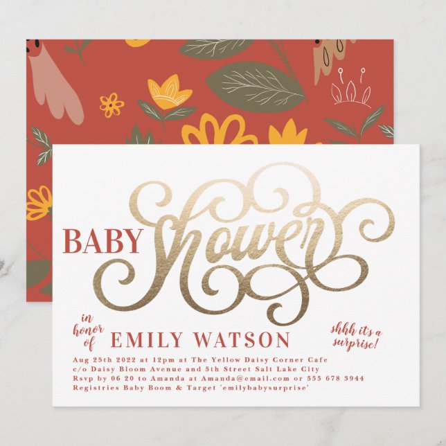 Invitation Baby shower à huile d'or rustique blanc clair (Devant / Derrière)