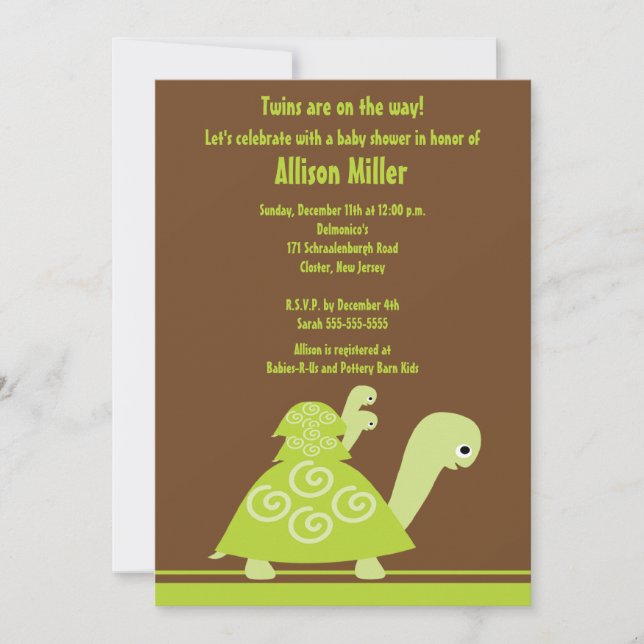 Invitation Baby shower à la tortue branchée Twins (Devant)