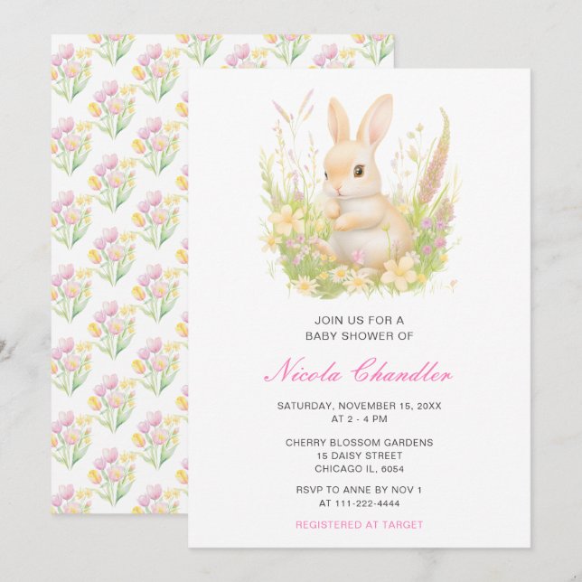 Invitation Baby shower à lapin de printemps (Devant / Derrière)