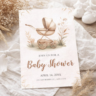 Invitation Baby-shower à l'aquarelle avec vieux landau