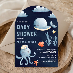 Invitation Baby Shower à l'aquarelle sur le thème marin bleu 