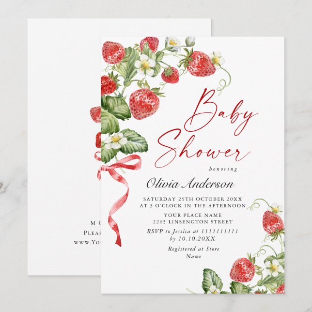 Invitation Baby shower à l'aquarelle tendance Meadow Strawber (Devant / Derrière)