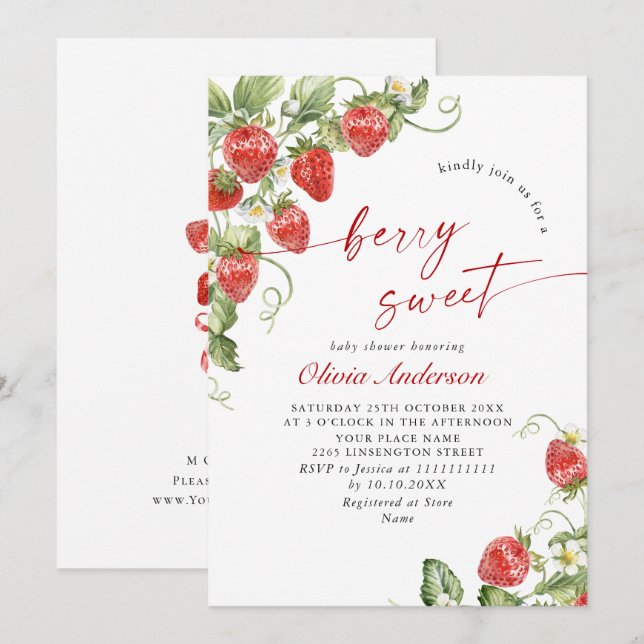 Invitation Baby shower à l'aquarelle tendance Meadow Strawber (Devant / Derrière)